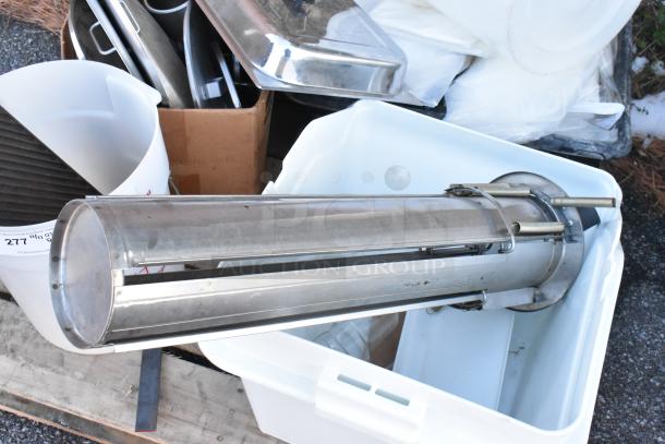 Assorted lot with poly bins, stainless steel chafer lid, and cylinder. Visible labels indicate auction details.