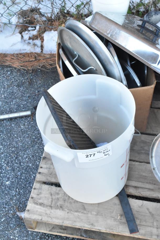 11 various items including poly bins and a chafer lid, lightly used. Auction value: 11 times your bid price.