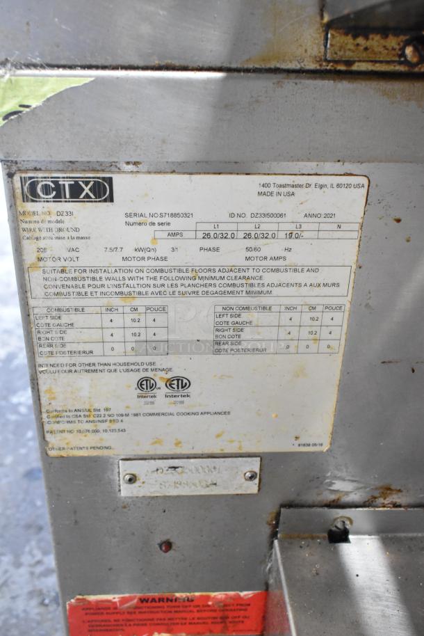 Middleby Marshall CTX DZ33I label showing specifications and compliance details for 2021 conveyor pizza ovens.