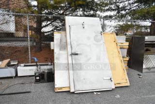 6'x10'x7' walk-in box with compressor and LCA672AB 115V, 1-phase evaporator fan. Components stacked outdoors.