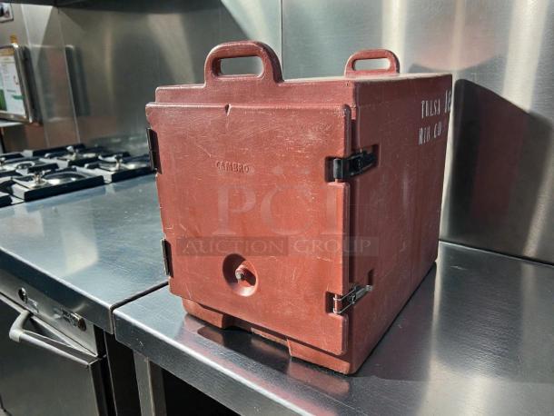 Cambro Camcarrier Ultra Pan, excellent condition, insulated food pan carrier, brown, with handles and secure latches, model label visible.