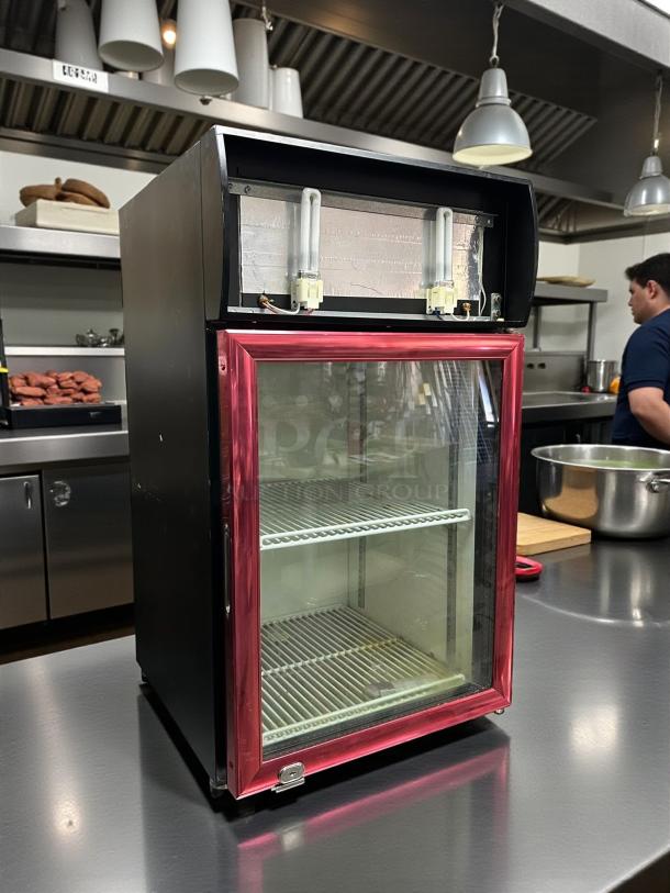 Crystal Cooler CTM-32W countertop refrigerator, glass door, great condition, tested, working, red trim, interior shelves.