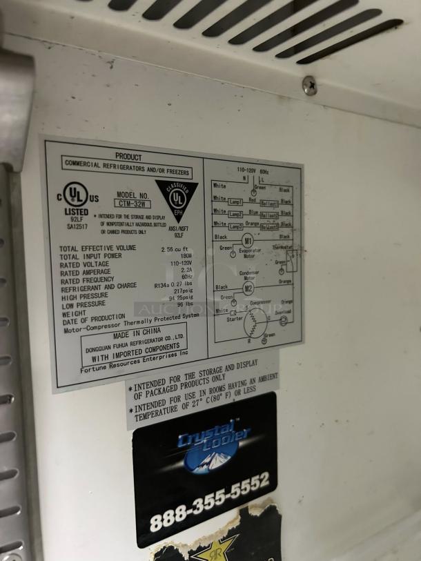 Crystal Cooler CTM-32W countertop refrigerator label, showing model and specs. Unit is tested, working, and in great condition.