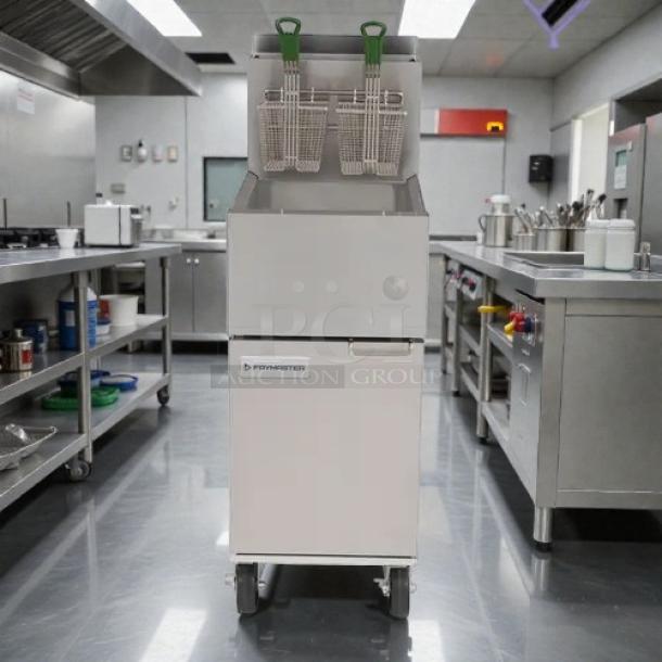 Frymaster ESG35T 35lb gas fryer, stainless steel, high efficiency, tested and working, with fry baskets, in kitchen setting.