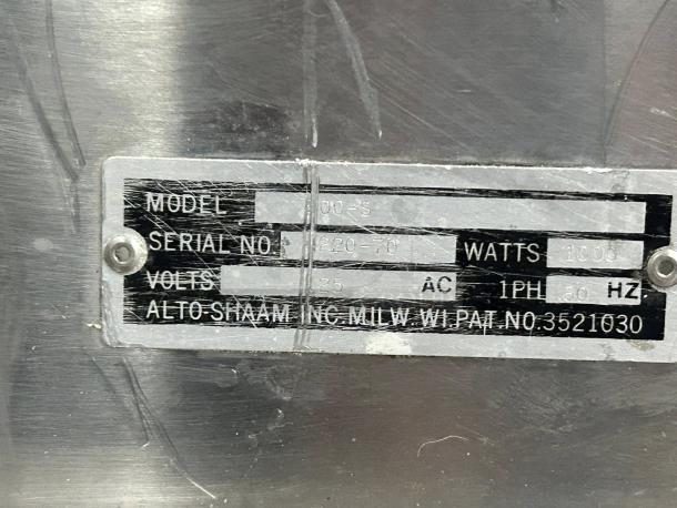 Alto-Shaam 500-S label showing model, serial no. 2320-70, 120V, 1000W, 1PH, 60HZ. Tested and working holding cabinet.