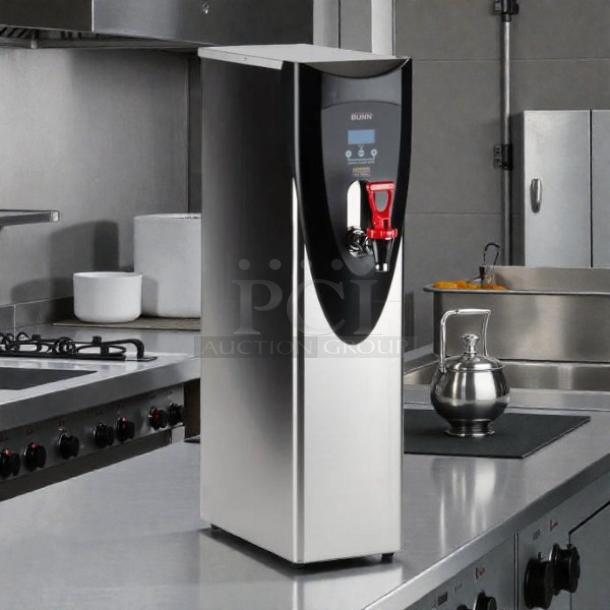 Bunn 43600.0002 H5X hot water dispenser, stainless steel finish, 5-gallon capacity, excellent condition, 208V, tested.