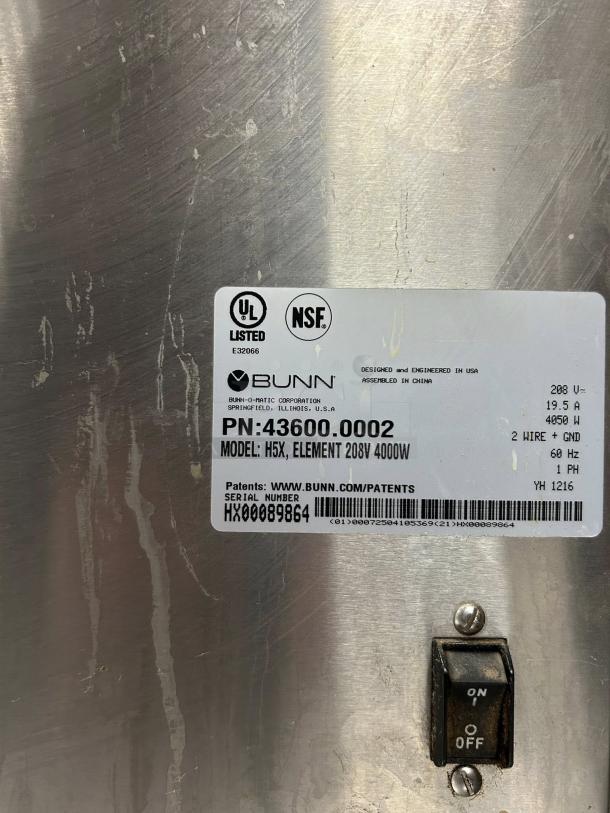 Bunn 43600.0002 H5X hot water dispenser, stainless steel finish, 5-gallon capacity, 208V, UL and NSF listed, excellent condition.