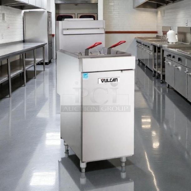 Vulcan 1VEG35M-1 natural gas floor fryer, 35-40 lb capacity, 70,000 BTU, millivolt controls, stainless steel, tested, working.