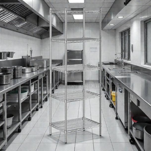 Brand new Steelton 18"x24" NSF chrome 5-shelf kit with 72" posts, model 465c1824ke5, in pristine condition.