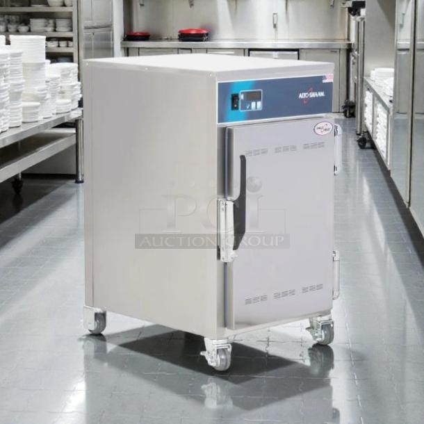 Alto-Shaam 500-S mobile holding cabinet, 6-pan capacity, stainless steel, tested working, 120V, on casters, commercial kitchen.