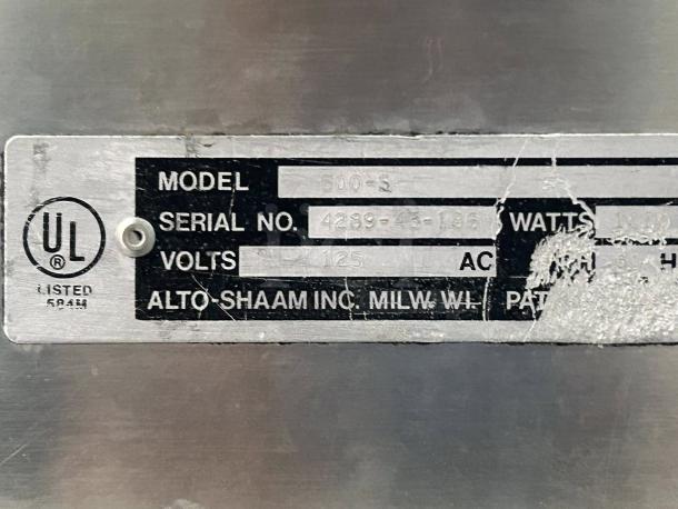 Alto-Shaam 500-S label displaying model and serial number, 120V, UL listed. Partially worn but legible details.