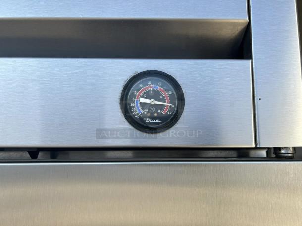 True TS-72-HC refrigerator, stainless steel, with thermometer gauge, three-section, solid doors, great condition, 115v.