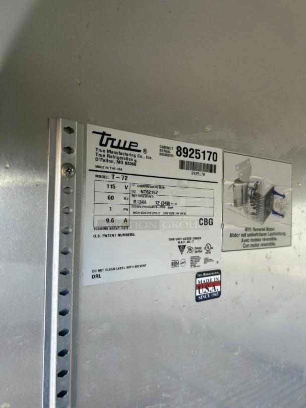 True TS-72-HC refrigerator label, showing model, serial number, voltage, and specifications. Made in USA. Great condition.