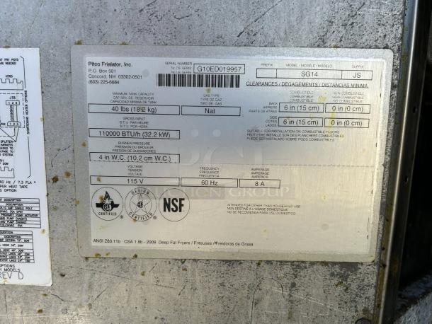 Pitco SG14-2FD Solstice 50 lb. gas fryer label. Shows serial number, model, CSA and NSF certifications. Excellent condition.
