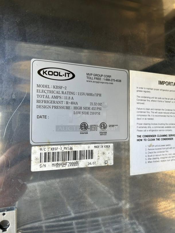 Kool-It KBSF-2 reach-in freezer, 44.7 cu. ft., tested and working, model and specs label showing electrical rating and refrigerant.