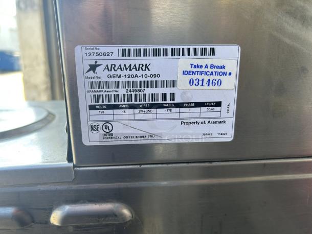 Curtis GEM-120A-10 coffee brewer, 1-gallon capacity, stainless steel, model details and certifications visible, tested working.