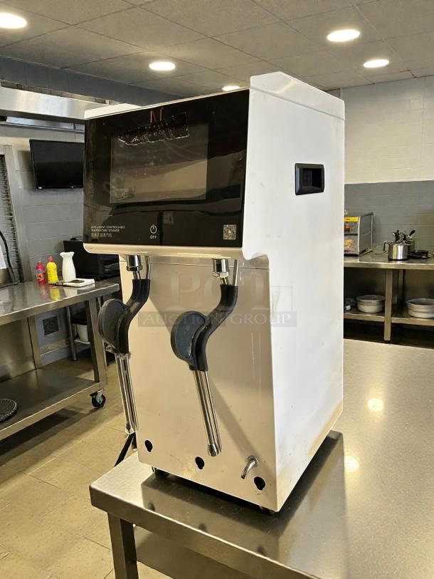 Guangzhou Naixer NDF-XCZQ2W dual automatic milk steamer, 240V, 1ph, white, tested working, minor wear, stainless accents.