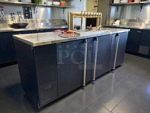 MicroMatic MBB-94-E 3 Door Bar Kegerator, 95.5", tested, working, stainless steel top, brass taps, good condition.