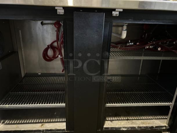 MicroMatic MBB-94-E 3-Door Kegerator, 95.5", tested, shelves and tubing visible, bar use, stainless steel top.