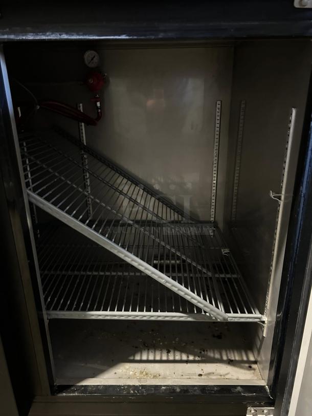 MicroMatic MBB-94-E 3 Door Bar Kegerator, metal shelving, interior components, tested working, 95.5", auction item.