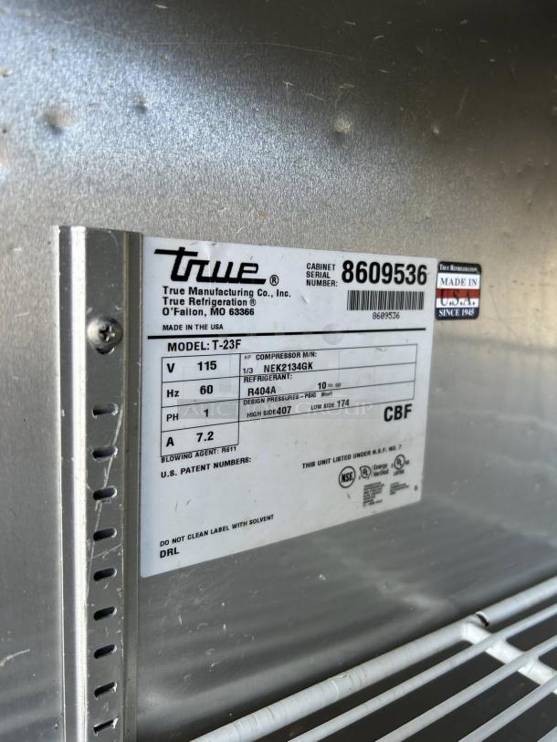 True TS-23F-HC commercial freezer label, 23 Cu.Ft capacity, tested and working, stainless door, model T-23F, serial 8609536.
