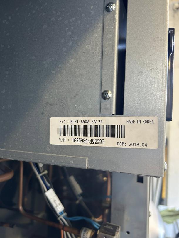 Blue Air BLMI-850A ice machine, 850lb capacity, model info label, serial MA85934K409999, made in Korea, dated 2018.