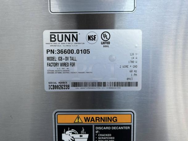 Bunn 53100.0000 ICB-DV Automatic Coffee Brewer label, showing model details and serial number, excellent condition.
