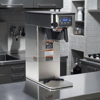 Bunn 53100.0000 ICB-DV coffee brewer, dual voltage, stainless steel, tested and working, with control panel and warning labels.