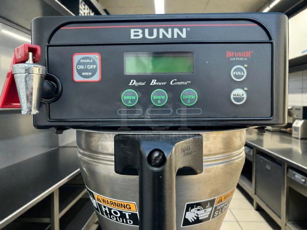 Bunn 53100.0000 ICB-DV Automatic Coffee Brewer, dual voltage, digital controls, tested, working condition, warning labels visible.