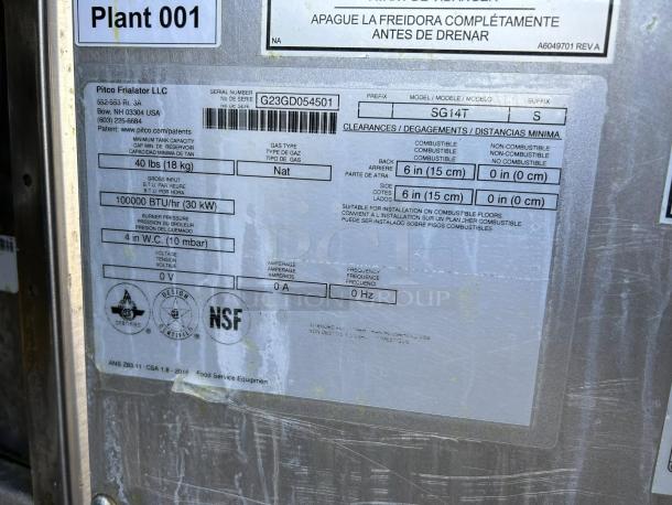 Pitco SG14TS Natural Gas 20-25 lb. Split Pot Floor Fryer label, 100,000 BTU, excellent condition, tested and working.