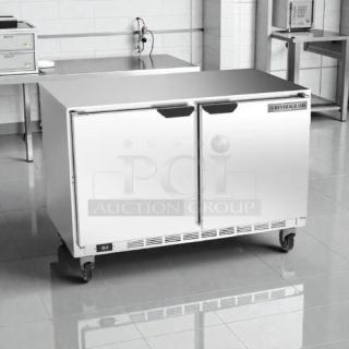 Beverage-Air UCRF48AHC 48" undercounter refrigerator/freezer, two doors, stainless steel, tested and working, on casters.