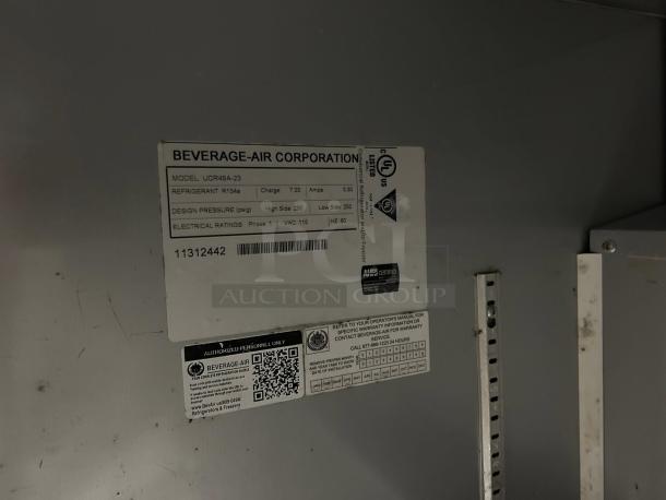 Beverage-Air UCRF48AHC undercounter refrigerator/freezer label, model details, electrical ratings, and certifications visible.