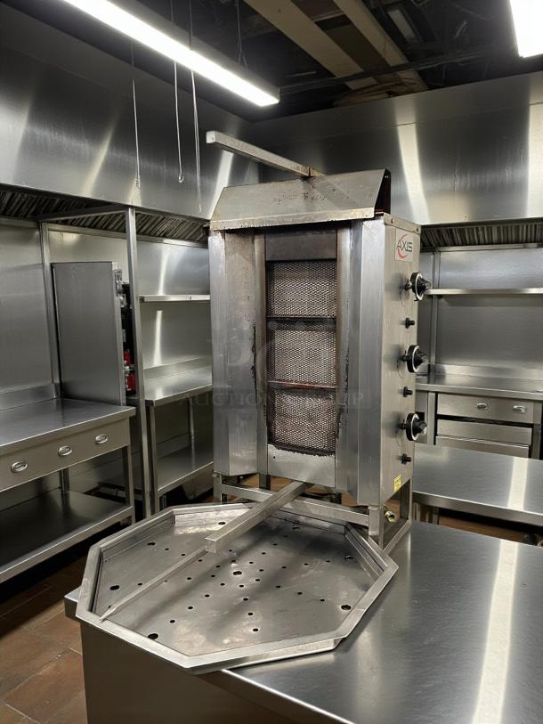 AXIS AX-VB3 18" vertical gas broiler with 3 burners, tested and working. Features AXIS branding, stainless steel construction.