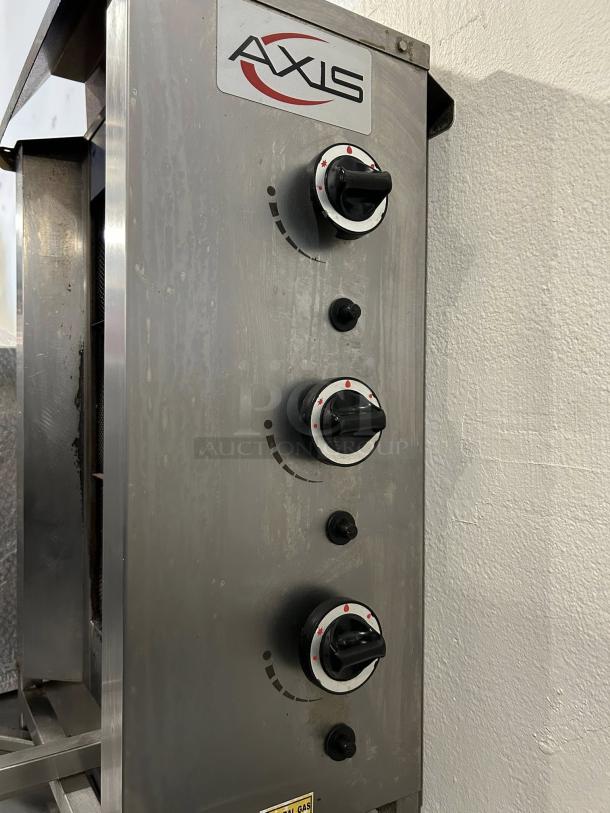 AXIS AX-VB3 3 Burner 18" Vertical Gas Broiler, tested and working. Features three control knobs and branded AXIS label.