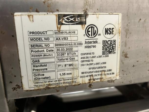 AXIS AX-VB3 Gas Broiler label showing model, serial number, power, gas type, and certification details.