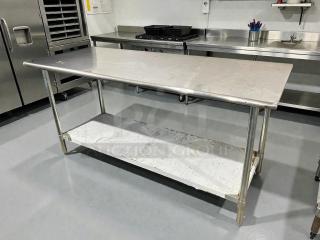 Advance Tabco Model TT-306 72” stainless steel worktop table, excellent condition, with lower shelf and sturdy legs.