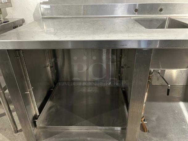 Winholt stainless steel worktop table with hand sink and backsplash, excellent condition, durable design.