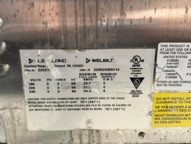Cleveland 22CET6.1 SteamChef steamer label showing voltage, model, and serial number. In excellent condition.