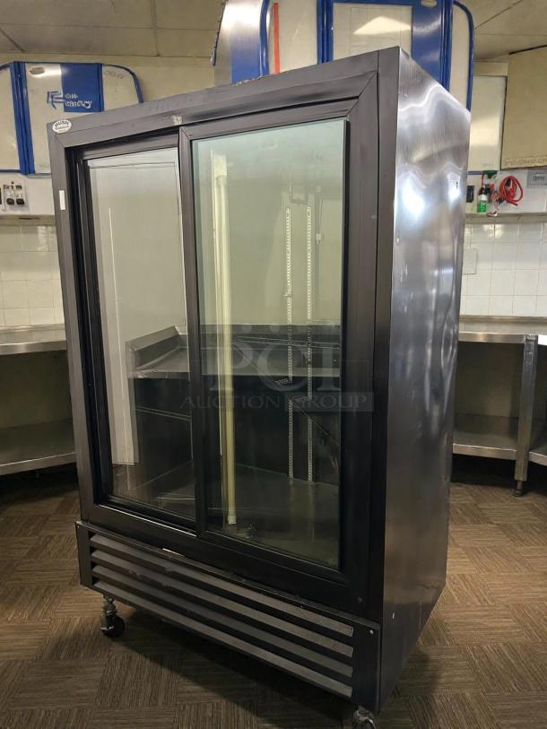 Bush FS52SDHC 52" refrigerated floral cooler with two glass doors, excellent condition, tested and working, model label visible.
