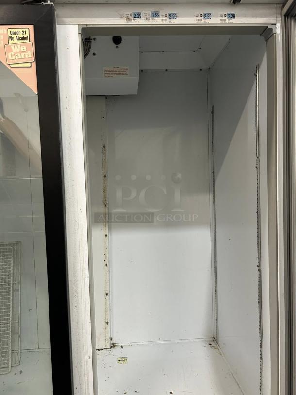 Beverage Air CRG74-1 self-contained 3-door refrigerator. Tested, working, with price labels and "We Card" decal.