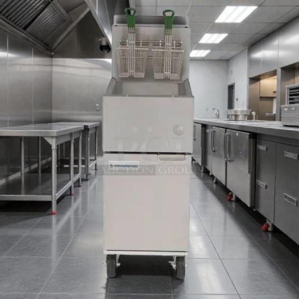 Frymaster ESG35T 35lb stainless steel gas fryer, featuring high efficiency, tested and working, in excellent condition.