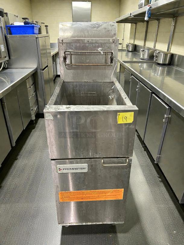 Frymaster ESG35T 35lb stainless steel high-efficiency gas fryer in used but working condition, with visible branding and safety labels.