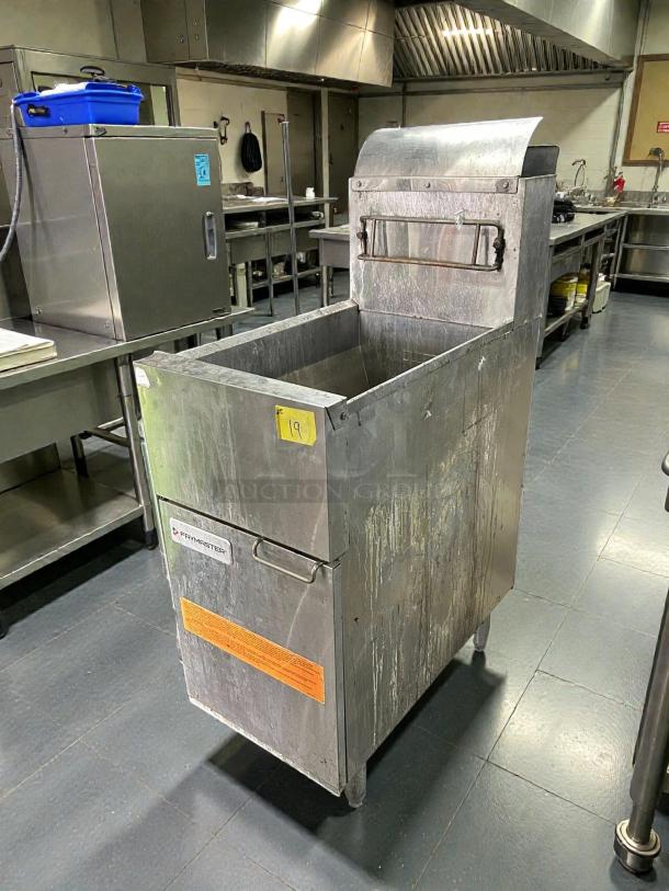 Frymaster ESG35T 35lb stainless steel gas fryer in used condition, tested and working, with visible brand label and caution sticker.