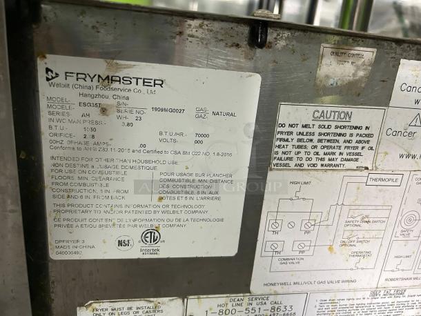 Alt text: Frymaster ESG35T stainless steel gas fryer label, showcasing model number, features, and safety instructions.