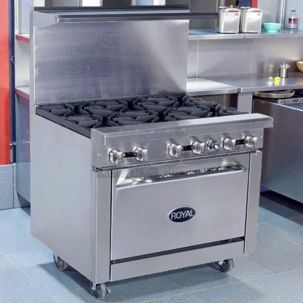 Royal RR-6-C 36″W 6-burner natural gas range with convection oven, stainless steel, tested and working, excellent condition.