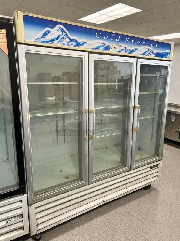 Blue Air BAGR72-HC 82" refrigerator merchandiser with 3 glass swing doors, 72 Cu. Ft, uses refrigerant R290, tested, working.