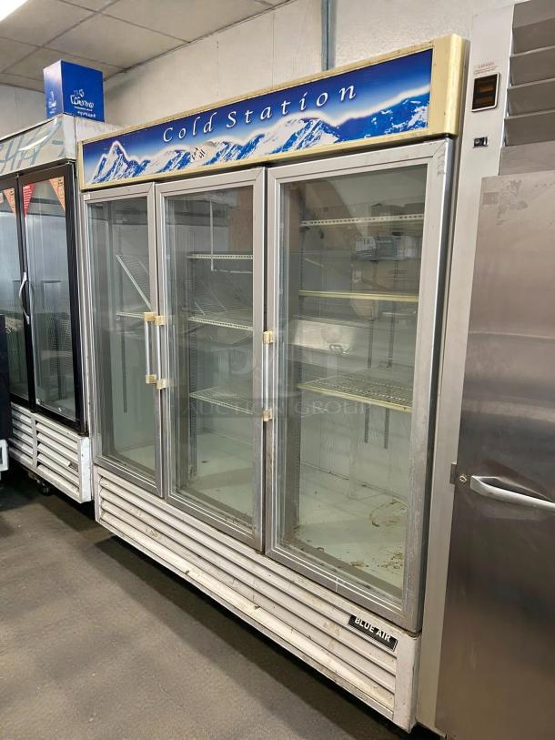 Blue Air BAGR72-HC 82" refrigerator merchandiser with 3 glass swing doors, 72 Cu. Ft, using R290 refrigerant, tested and working.