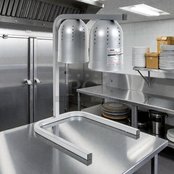 Winco EHL-2C heat lamp, 2-bulb, stainless steel, adjustable arm, in original packaging, 120v, label with specs visible.