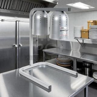 Winco EHL-2C heat lamp, 2-bulb, stainless steel, adjustable arm, in original packaging, 120v, label with specs visible.