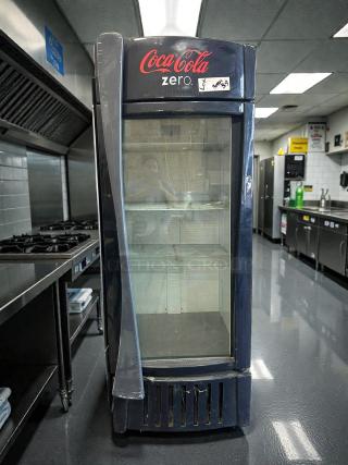 True GDM-26-HC~TSL01 30" refrigerated glass door merchandiser. Tested, working, great condition; Coca-Cola Zero branding.